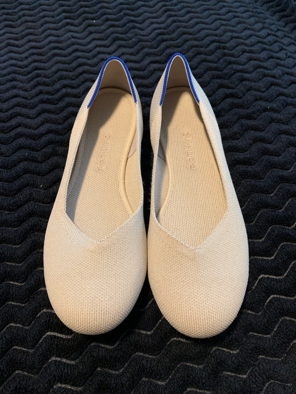 Rothy's Cream Knit Ballet Flats with Blue Heel Trim